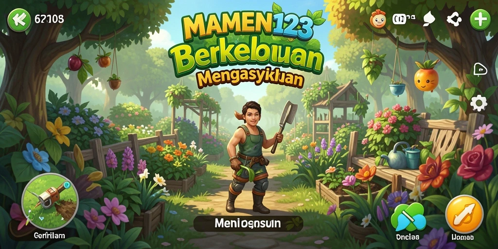 Tangkapan layar gameplay MAMEN123 dengan aktivitas berkebun yang seru.