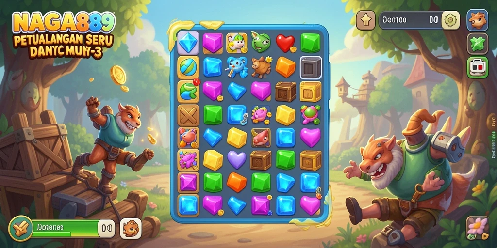 Tampilan seru gameplay NAGA889 match-3 yang penuh warna.