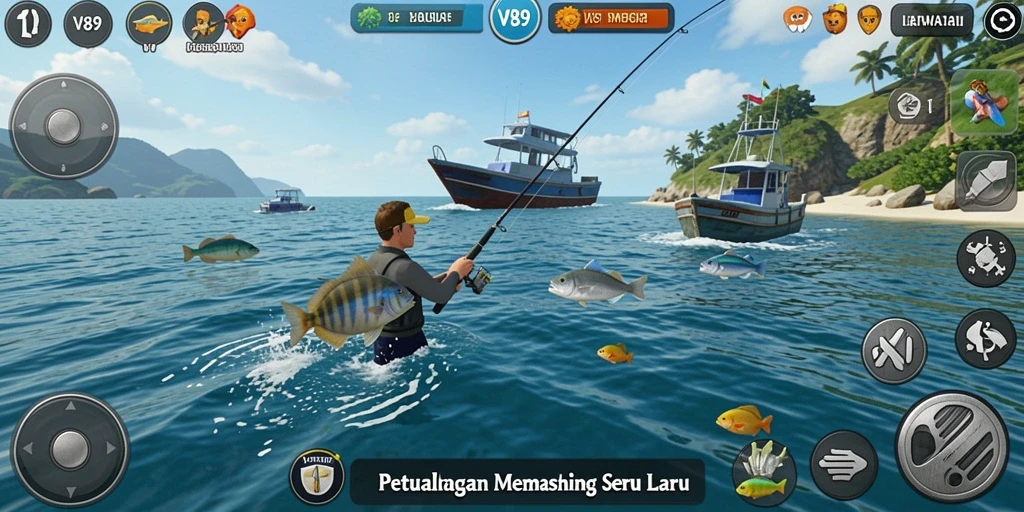 Tampilan gameplay V89 menampilkan momen seru saat menangkap ikan.